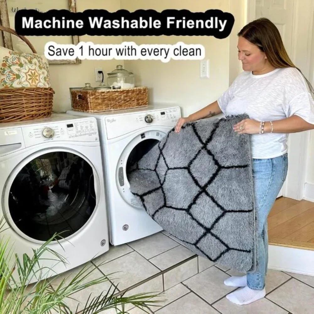 6x9 Area Rug, Washable Fluffy Grey Black Geometric Shag Carpet for Home Decor